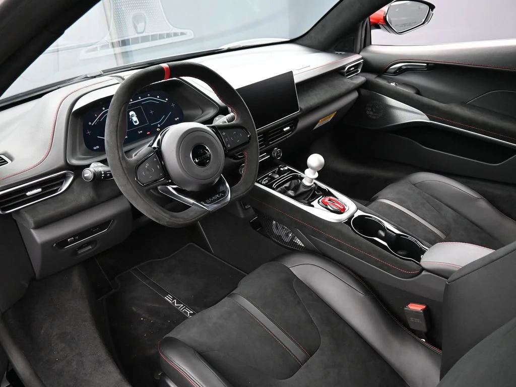 2026 Lotus Emira V6 SE Racing Line interior, dashboard, Black Alcantara with Red Stitch