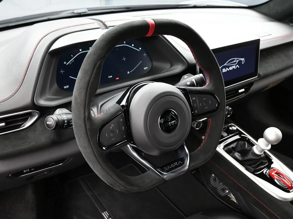 2026 Lotus Emira V6 SE Racing Line interior, Black Alcantara with Red Stitch