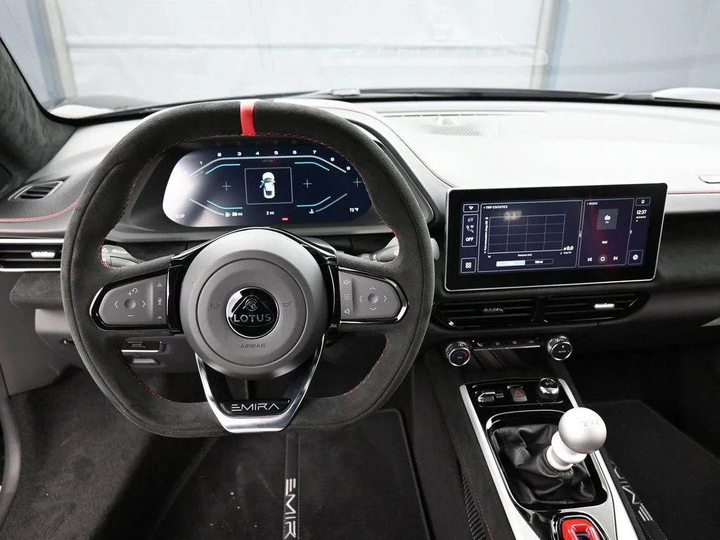 2026 Lotus Emira V6 SE Racing Line interior, dashboard, Black Alcantara with Red Stitch