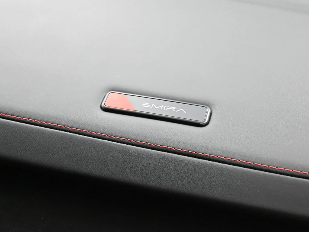 2026 Lotus Emira V6 SE Racing Line interior, door sill, Black Alcantara with Red Stitch