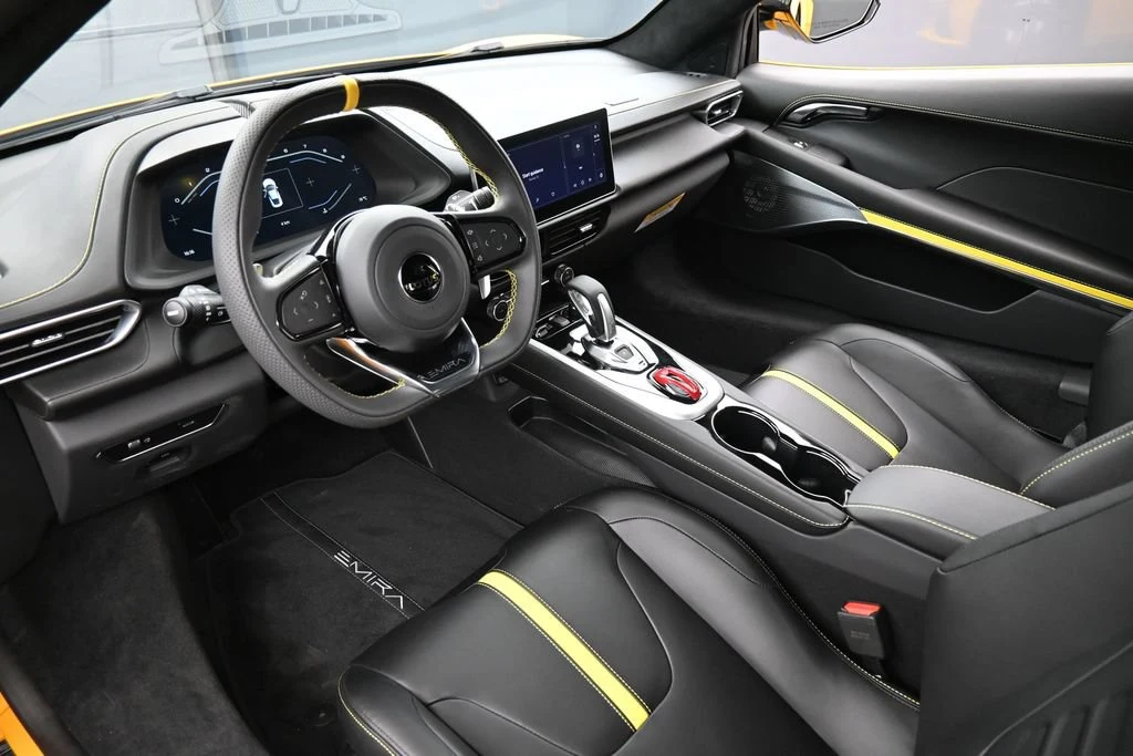 2026 Lotus Emira Turbo SE interior, Black with Yellow Stitch