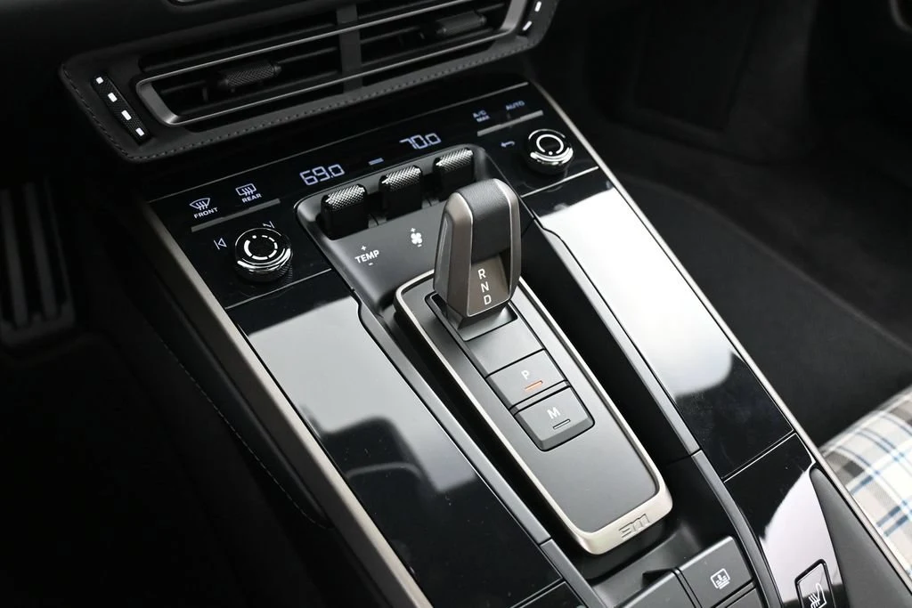 2025 Porsche 911 Turbo 50 Years interior, center console, Black with Tartan Fabric