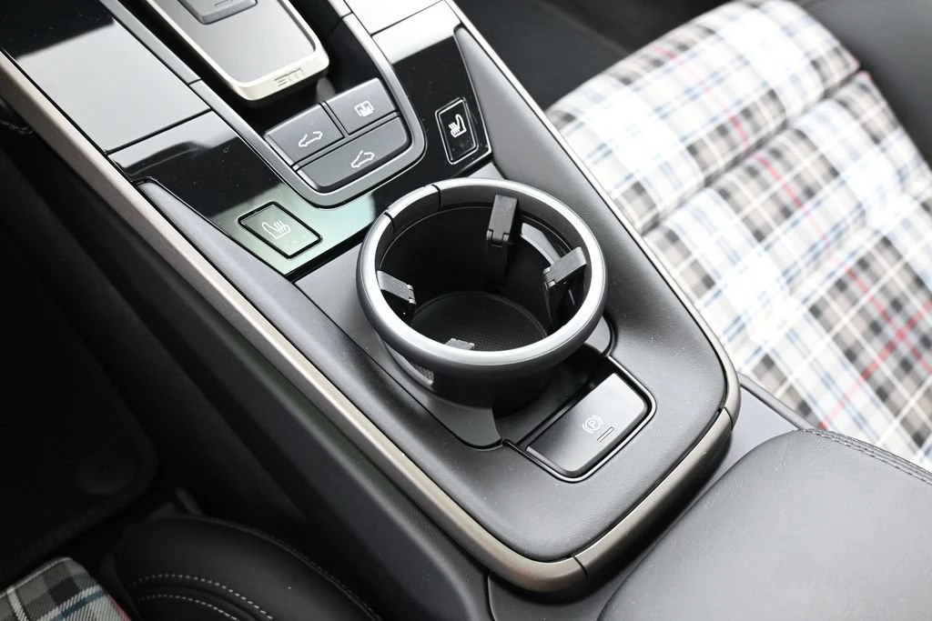 2025 Porsche 911 Turbo 50 Years interior, center console, Black with Tartan Fabric