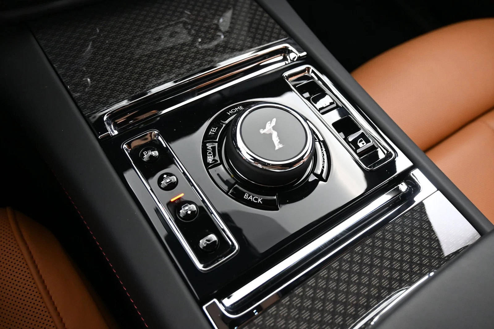 2025 Rolls-Royce Black Badge Ghost interior, center console, Saddlery Tan and Black