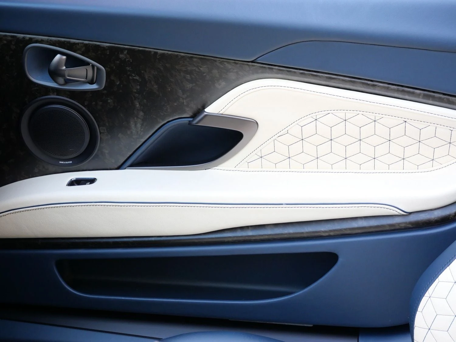 2020 Aston Martin DBS Superleggera Volante interior, door panel, Baltic Blue/Cream Truffle