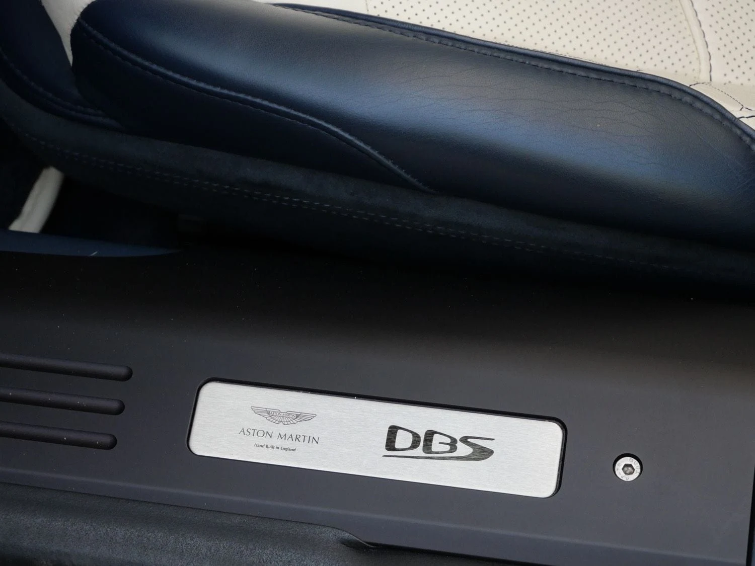 2020 Aston Martin DBS Superleggera Volante interior, door sill, Baltic Blue/Cream Truffle