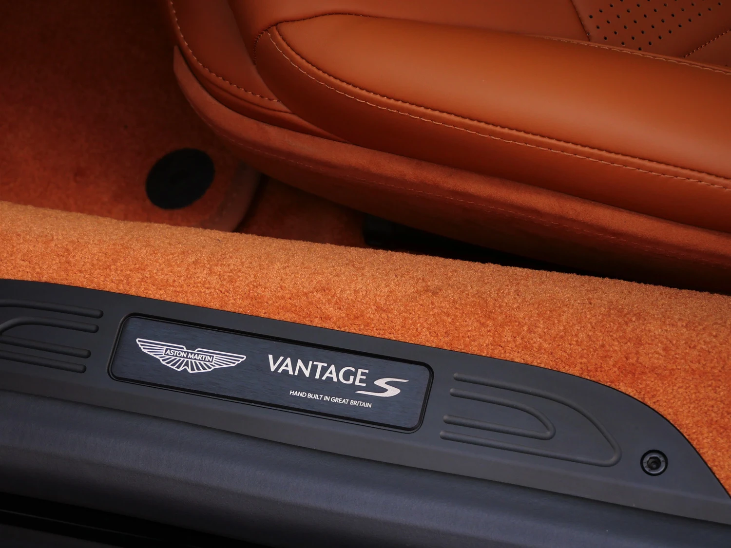 2026 Aston Martin Vantage S interior, door sill, Oxford Tan - Semi Aniline