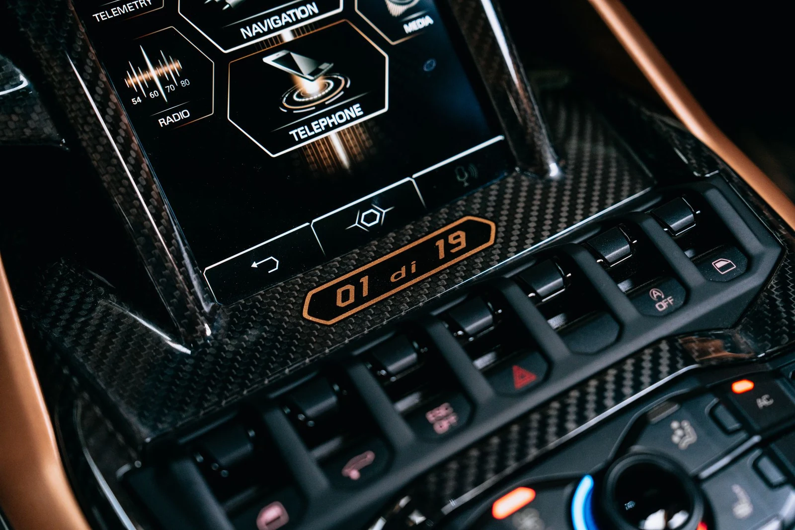 2021 Lamborghini Sián Roadster interior, center console, Nero Cosmus