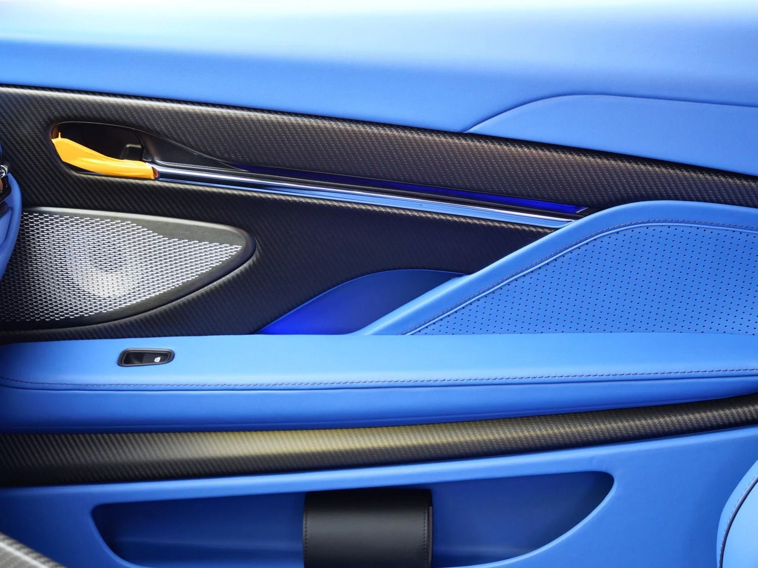 2026 Aston Martin DB12 S interior, door panel, Cote D Azur Blue - Semi Aniline