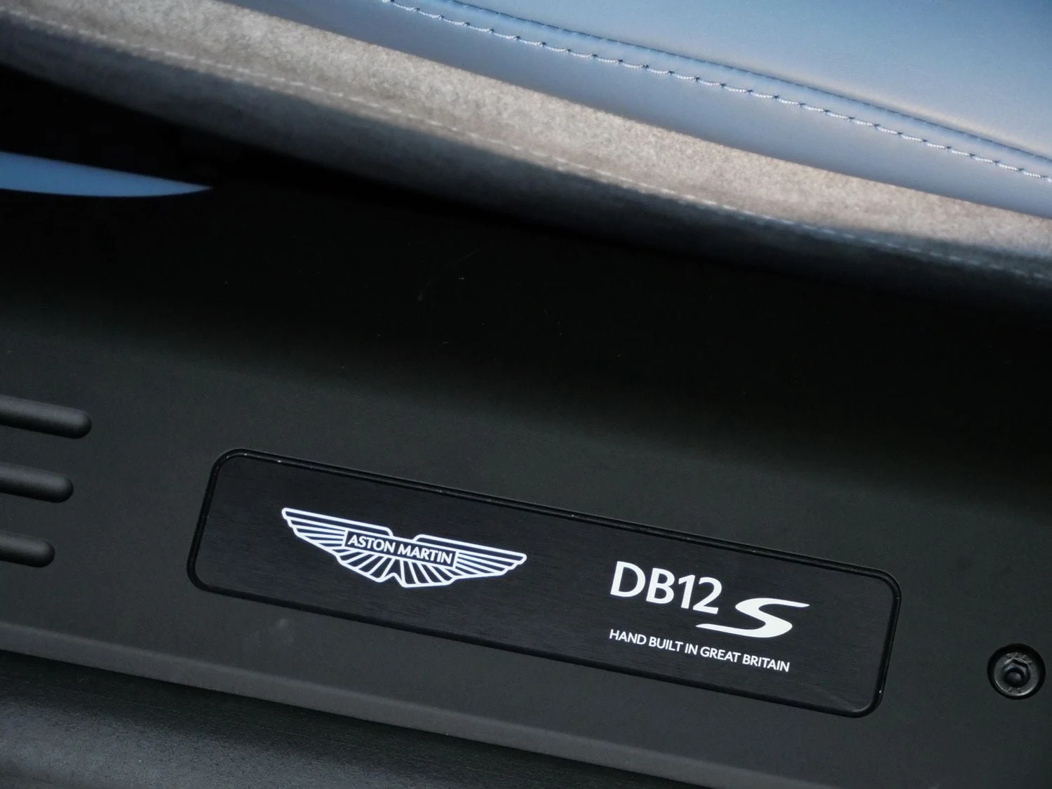 2026 Aston Martin DB12 S Volante interior, door sill, Arctic Blue - Semi Aniline(Rc0