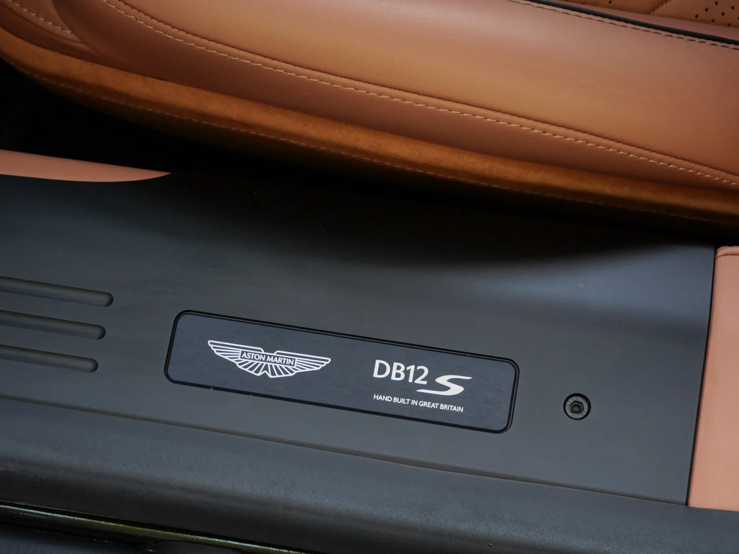 2026 Aston Martin DB12 S interior, door sill, Copper Tan Metallic - Semi Ani