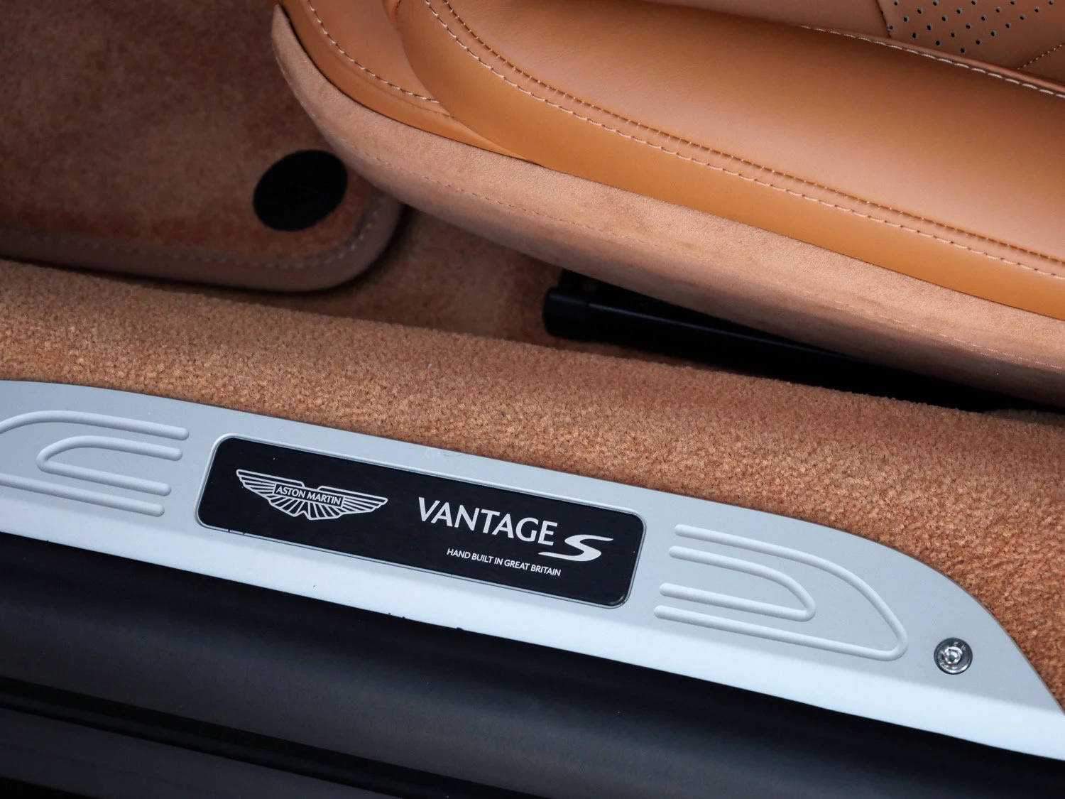 2026 Aston Martin Vantage S interior, door sill, Oxford Tan - Semi Aniline / Ox