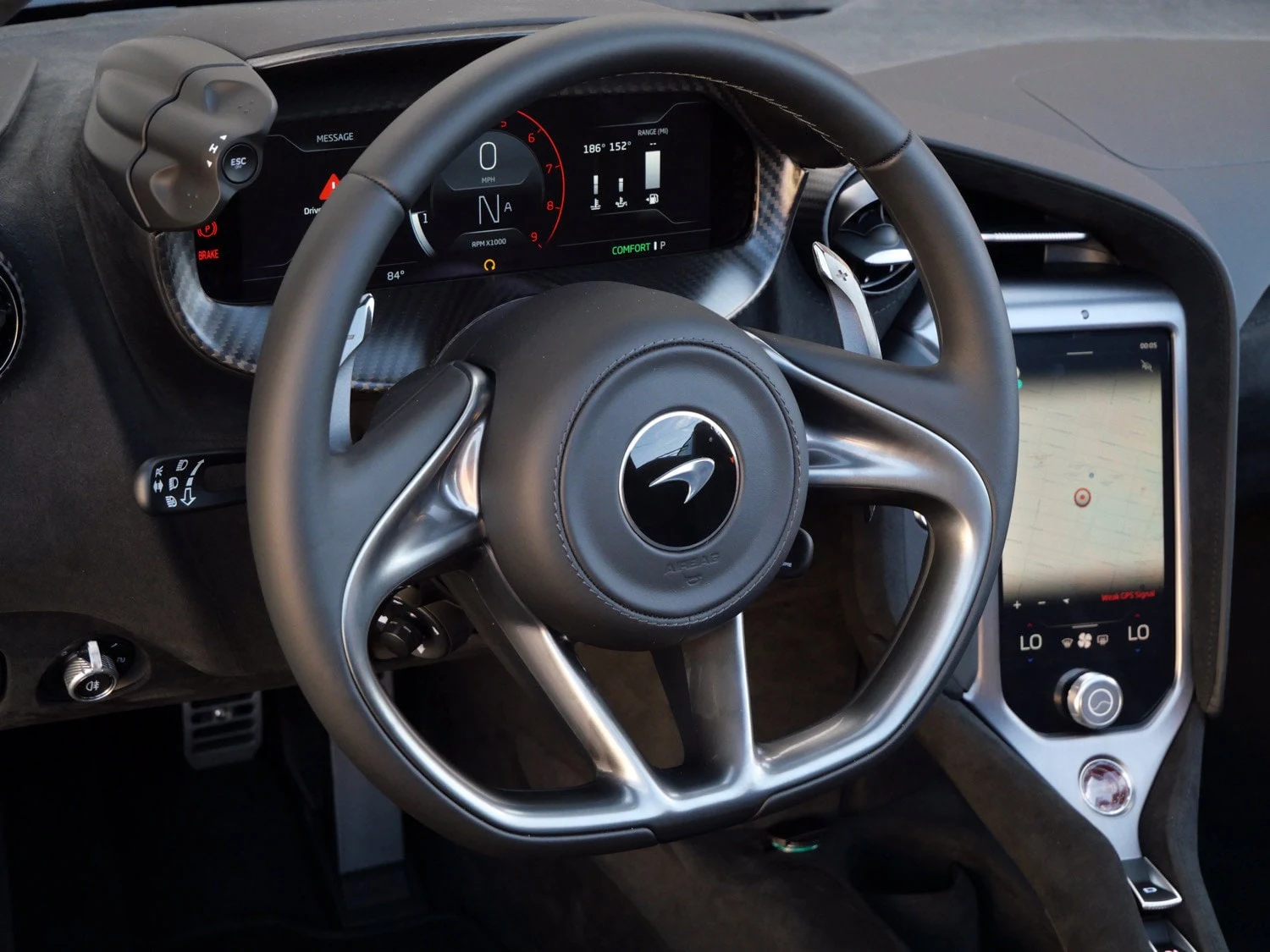 2024 McLaren 750S Spider interior, steering wheel, Carbon Black
