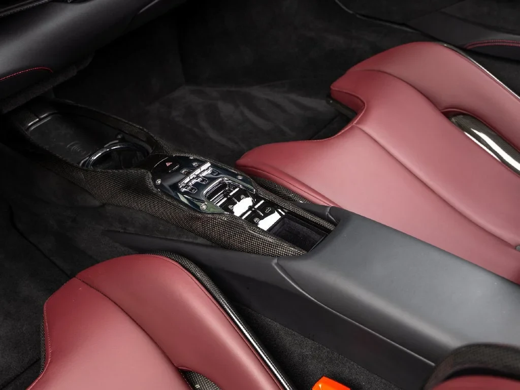 2025 Ferrari 296 GTS interior, center console, Rosso Ducale
