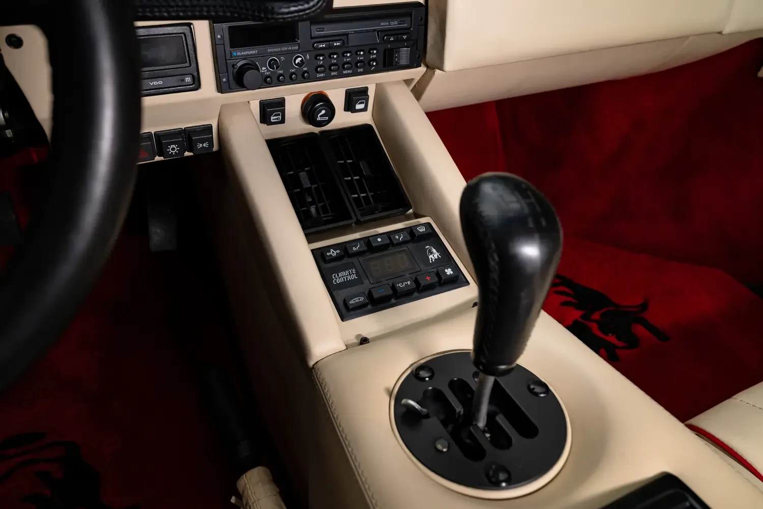 1989 Lamborghini Countach 25th Anniversary interior, center console, Cream