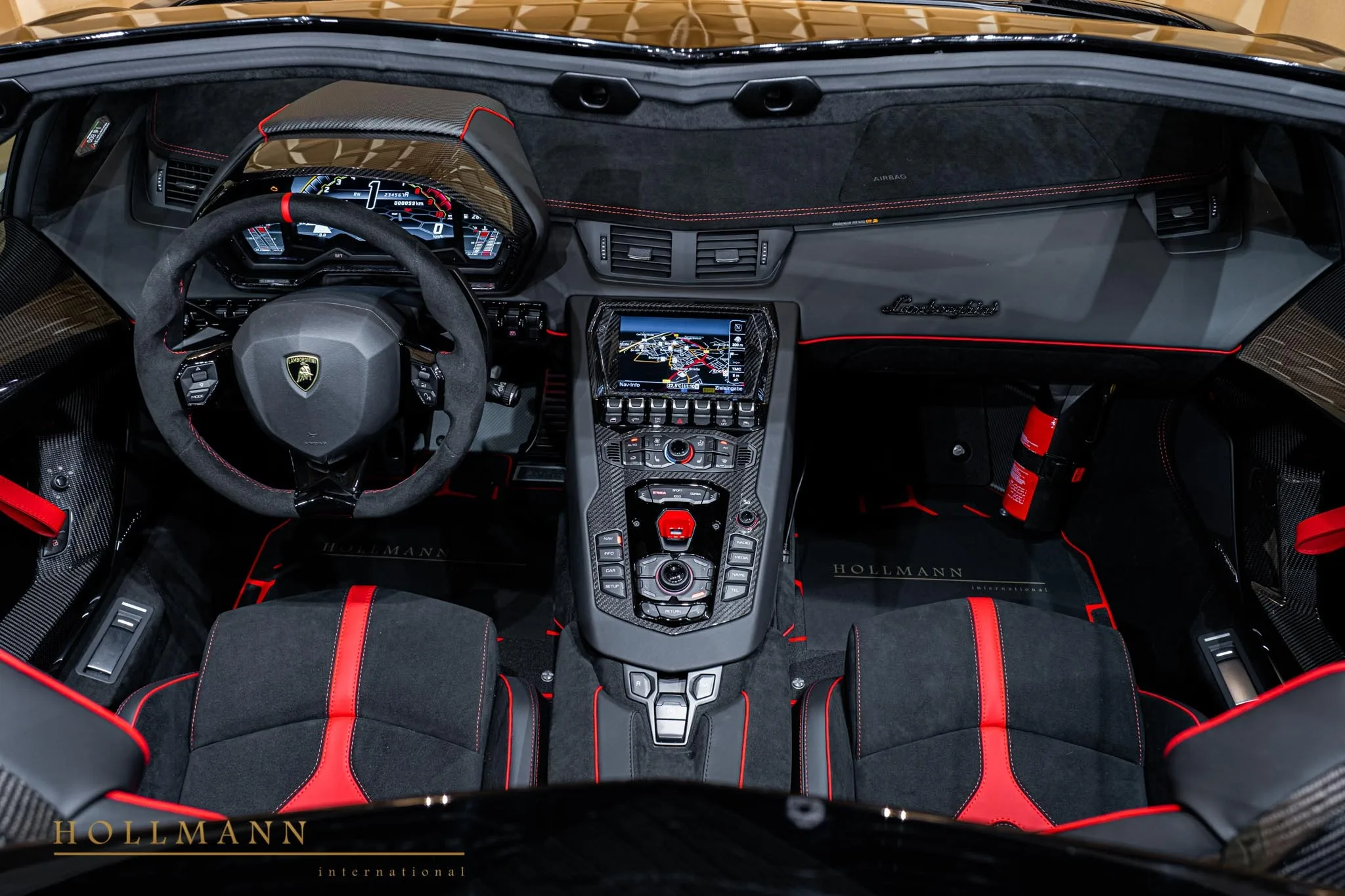 2024 Lamborghini Aventador SVJ Roadster interior, dashboard, Nero Cosmos / Rosso