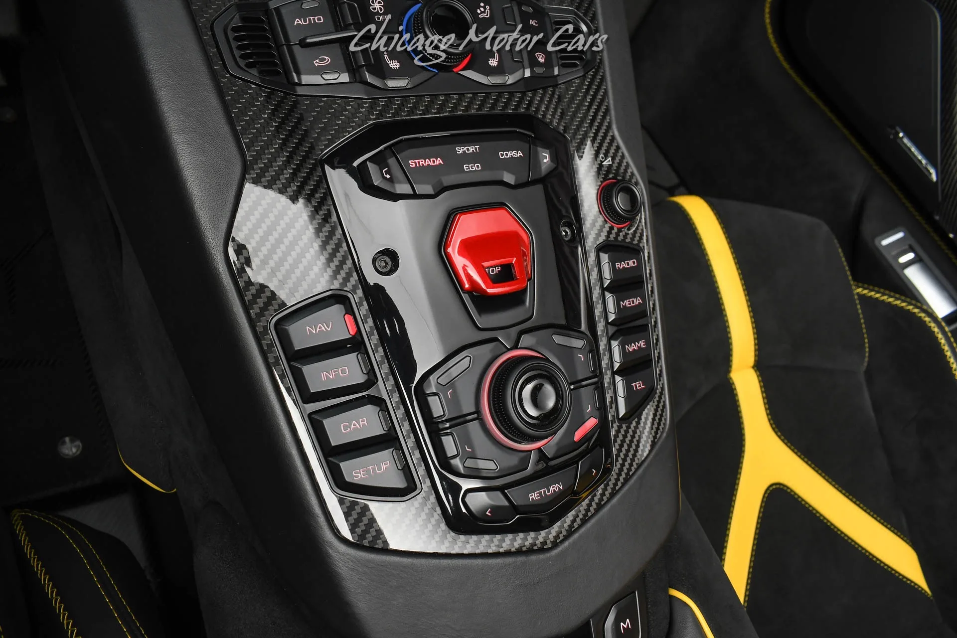 2021 Lamborghini Aventador LP770-4 SVJ Roadster interior, center console, Nero Cosmus with Giallo Taurus