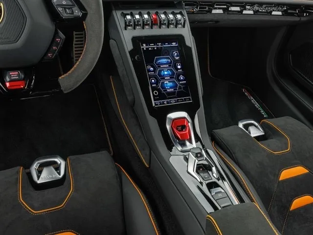 2020 Lamborghini Huracán EVO interior, center console, Alcantara
