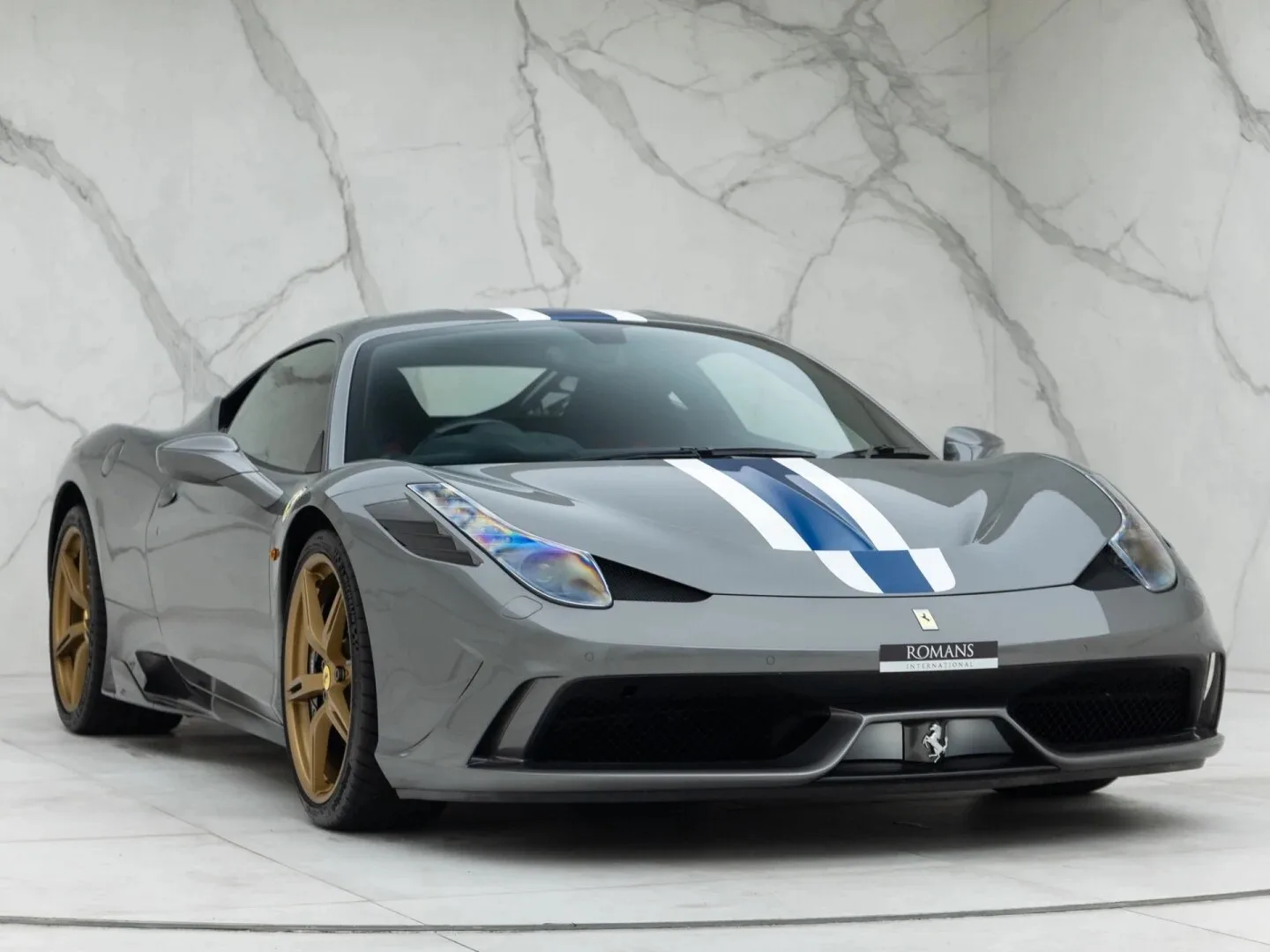 2015 Ferrari 458 Speciale for sale, front three-quarter view, Grigio Ferro