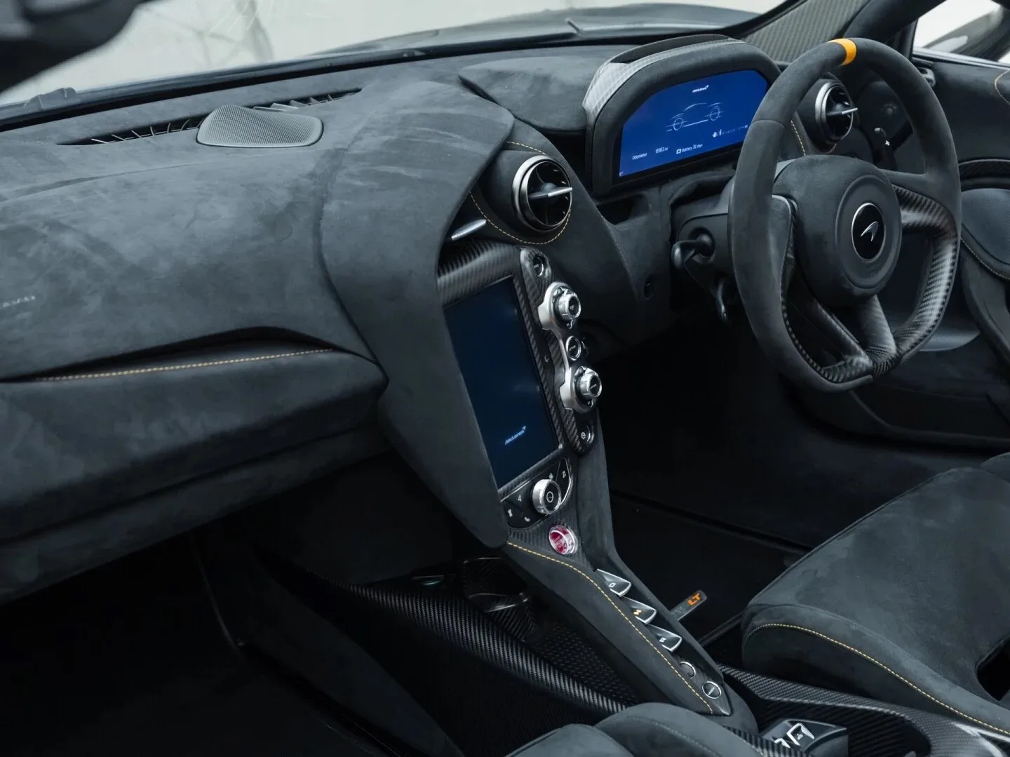 2022 McLaren 765LT Spider interior, dashboard, Black Alcantara
