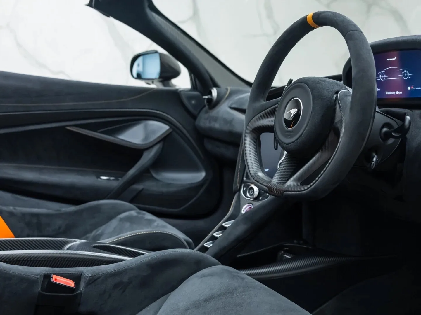 2022 McLaren 765LT Spider interior, Black Alcantara