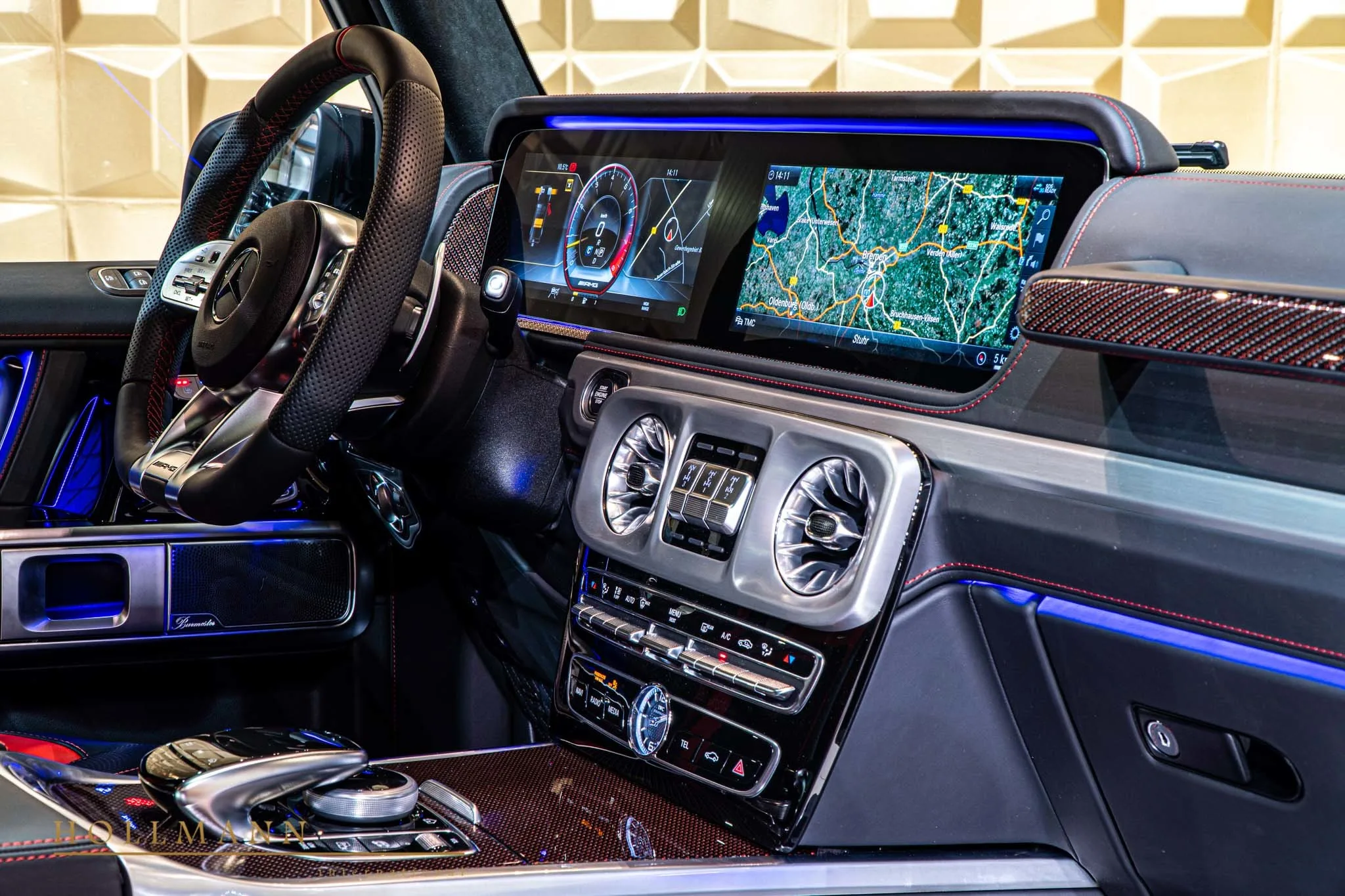 2019 Mansory G-Class interior, dashboard, Designo Leather Black/Red
