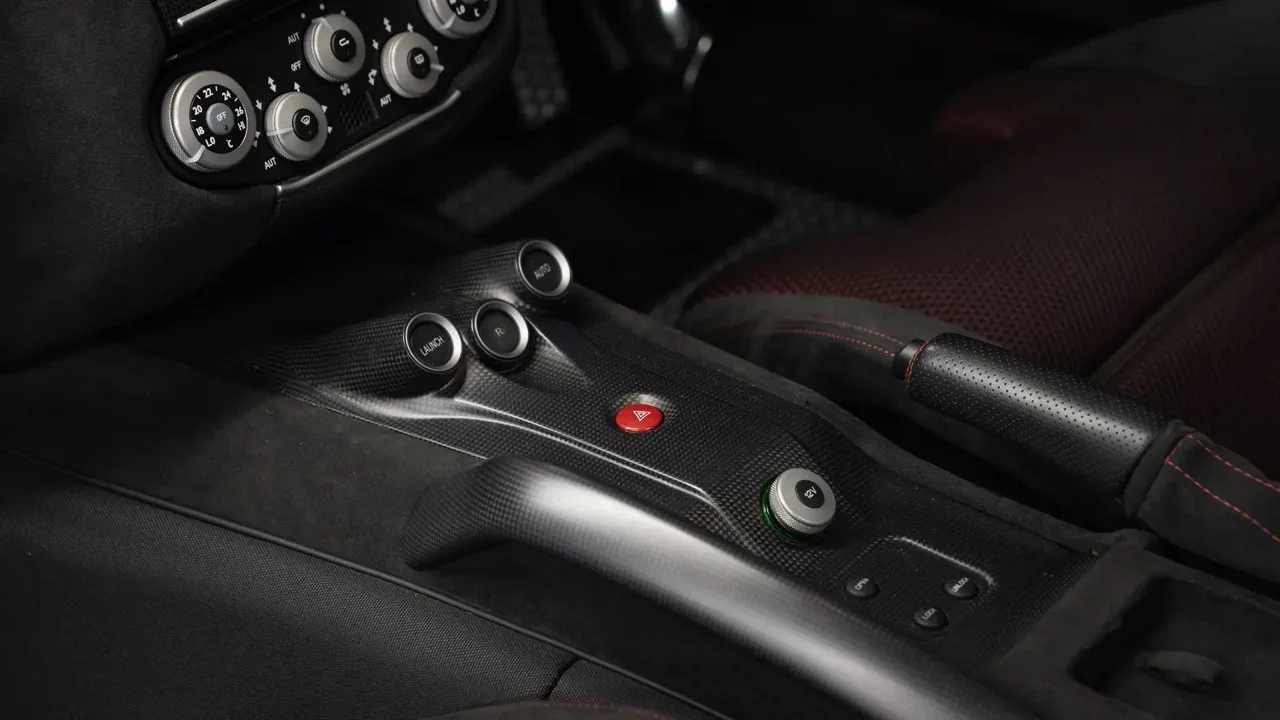 2010 Ferrari 599 GTO interior, center console, Nero Alcantara