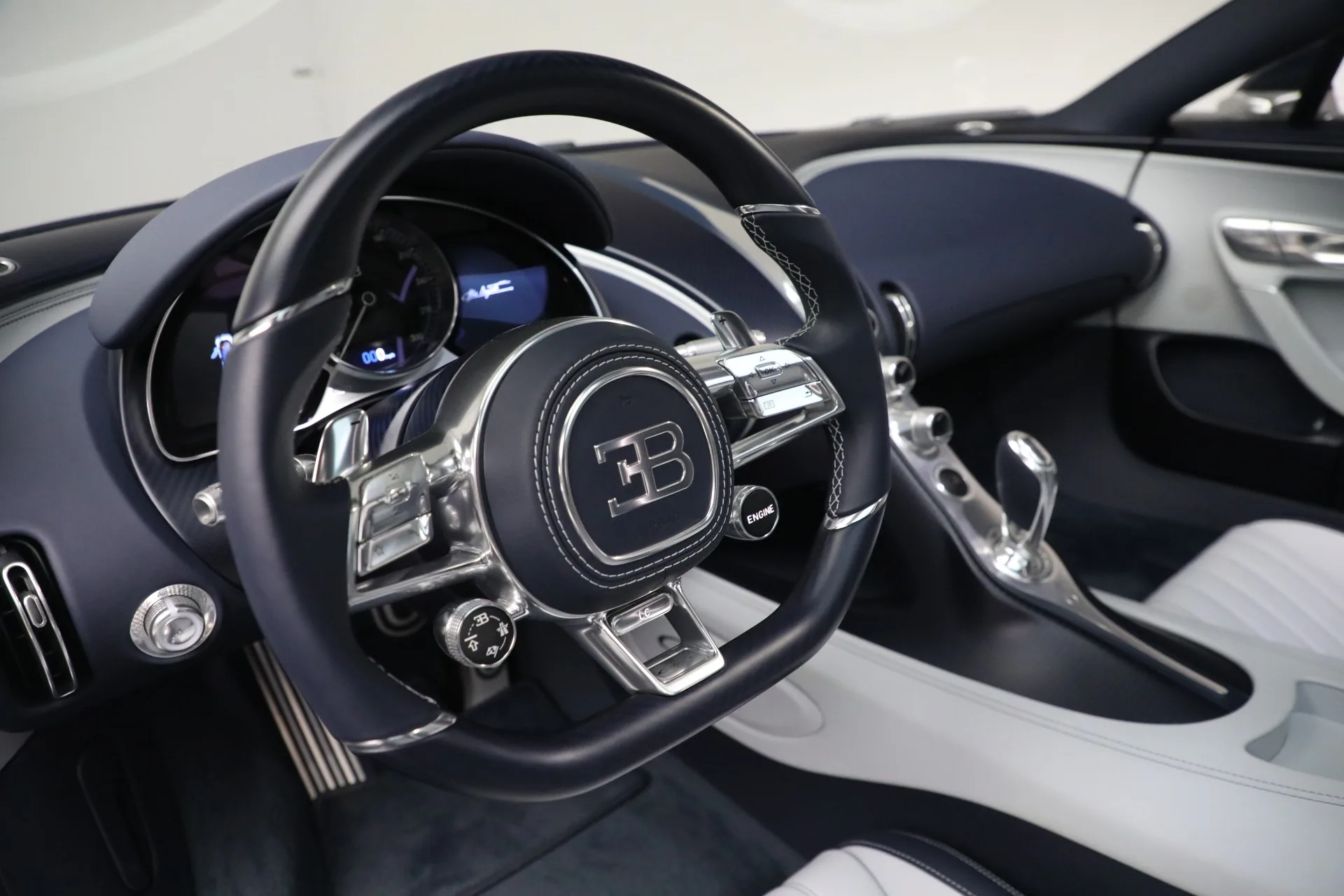 2020 Bugatti Chiron Sport interior, Argent & Blue Royal Carbon Fiber