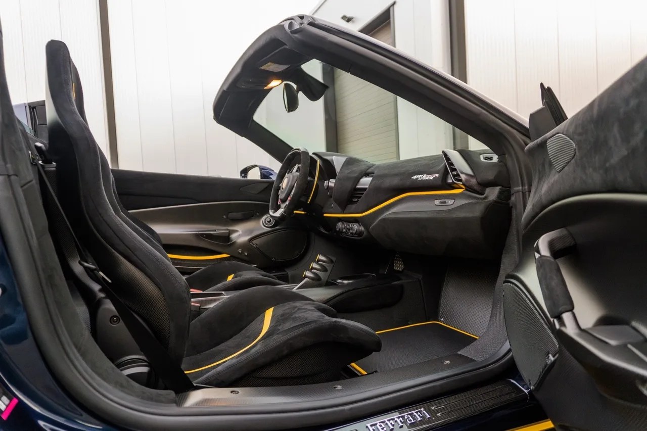 2020 Ferrari 488 Pista Spider interior, Alcantara Nero with Giallo accents