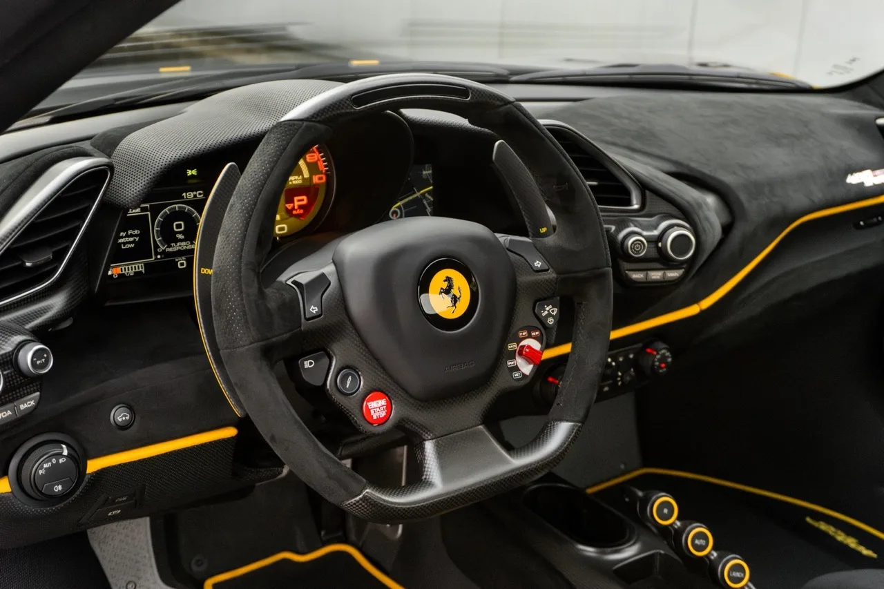 2020 Ferrari 488 Pista Spider interior, dashboard, Alcantara Nero with Giallo accents