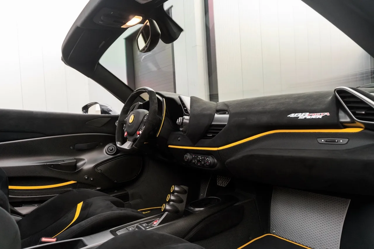 2020 Ferrari 488 Pista Spider interior, Alcantara Nero with Giallo accents