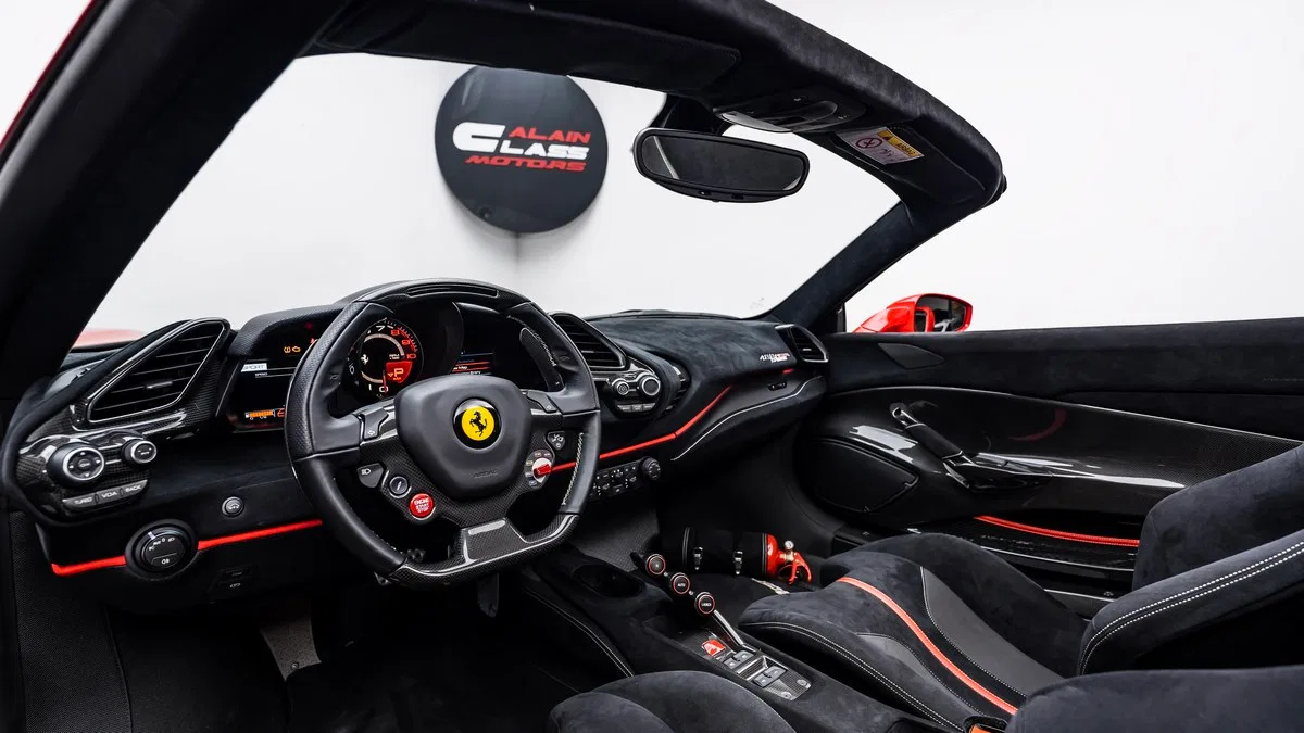 2020 Ferrari 488 Pista Spider interior, dashboard, Alcantara Nero