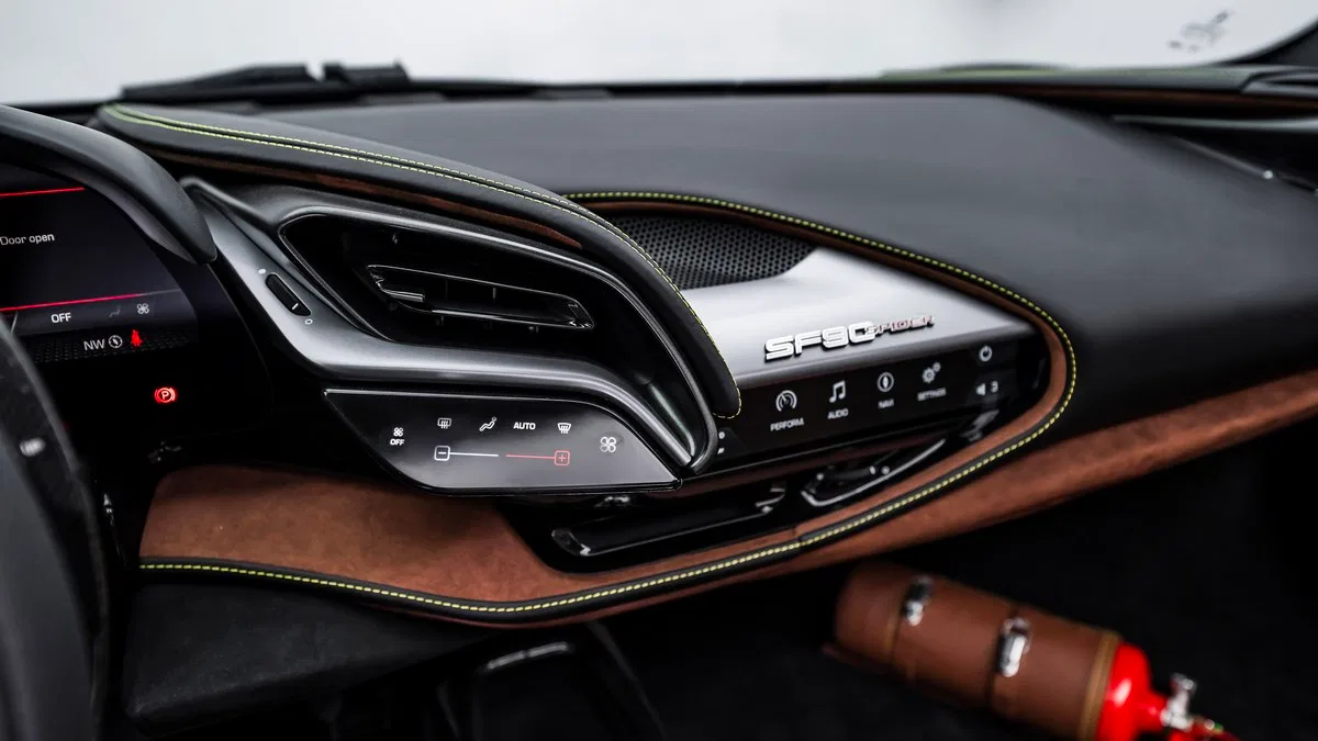2024 Ferrari SF90 Spider interior, center console, Terra Bruciata