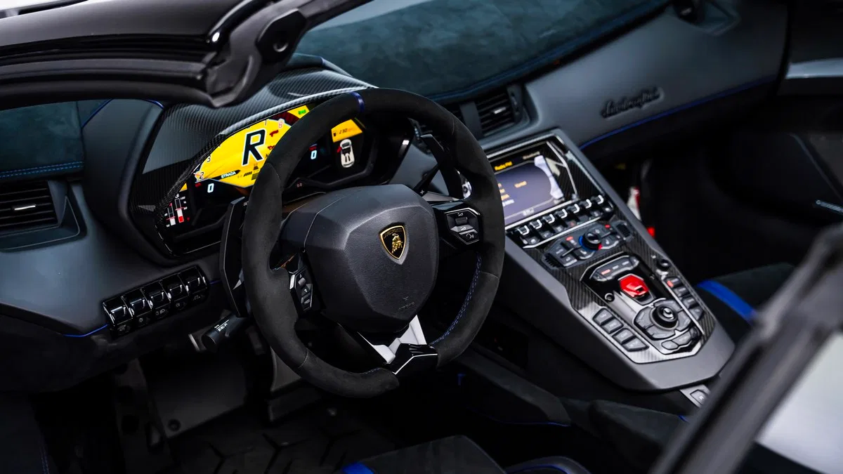 2016 Lamborghini Aventador SV Roadster interior, Black | Blue