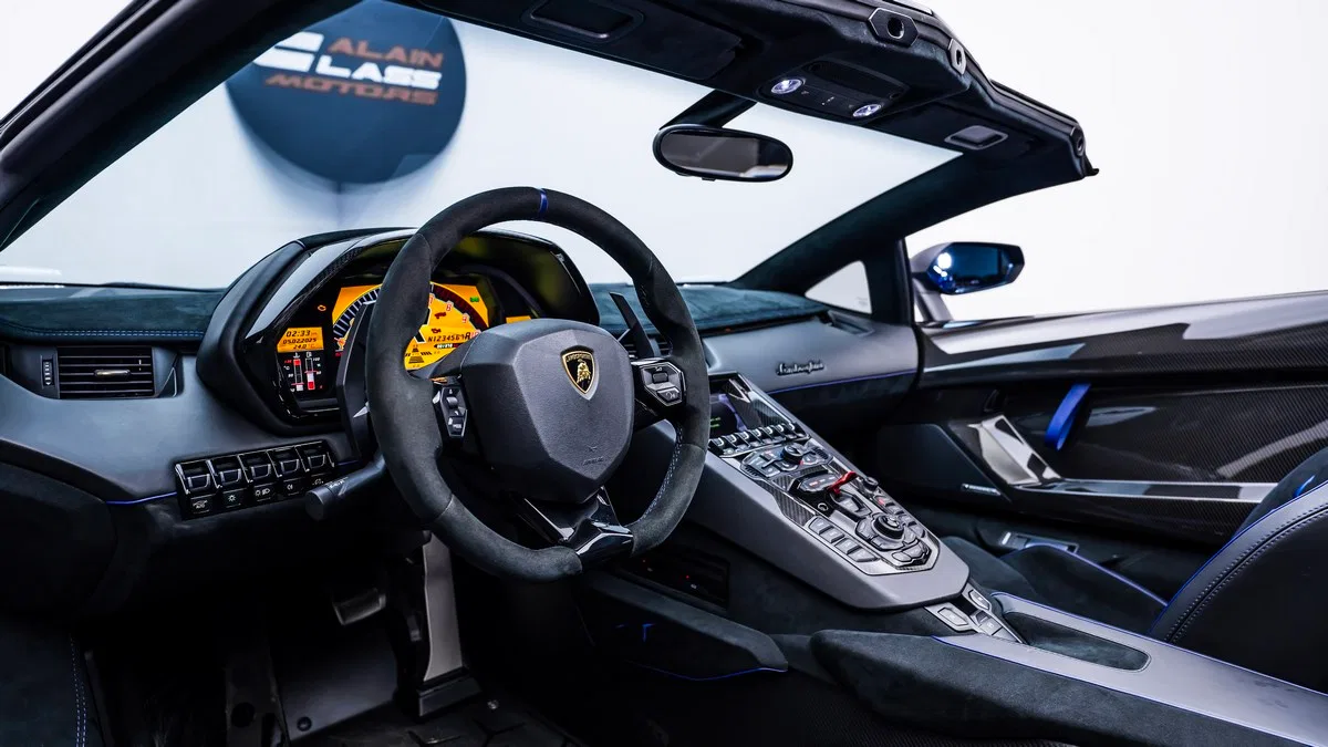 2016 Lamborghini Aventador SV Roadster interior, Black | Blue