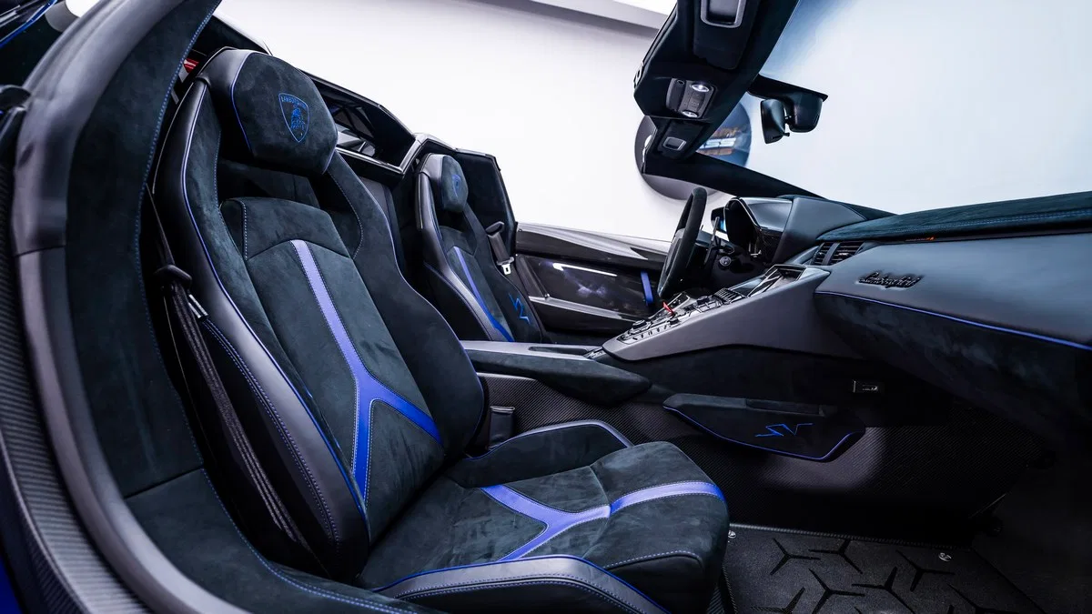 2016 Lamborghini Aventador SV Roadster interior, seats, Black | Blue