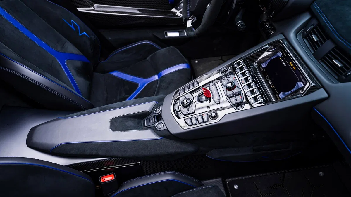 2016 Lamborghini Aventador SV Roadster interior, center console, Black | Blue