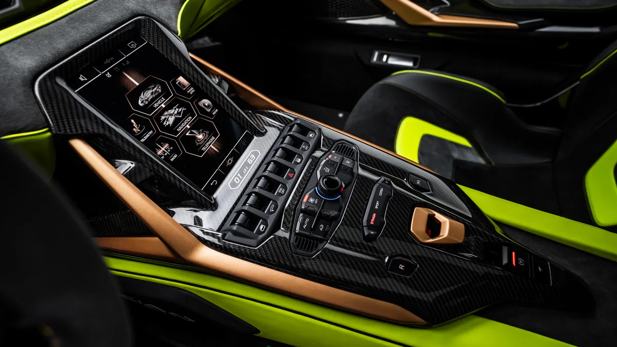 2021 Lamborghini Sián interior, center console, Nero Ade | Verde Scandal