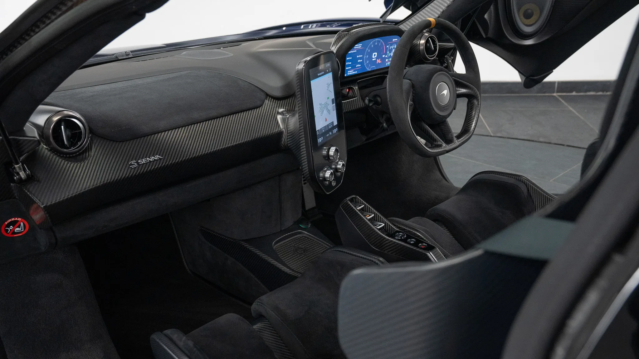 2018 McLaren Senna MSO interior, dashboard, Carbon Black Alcantara