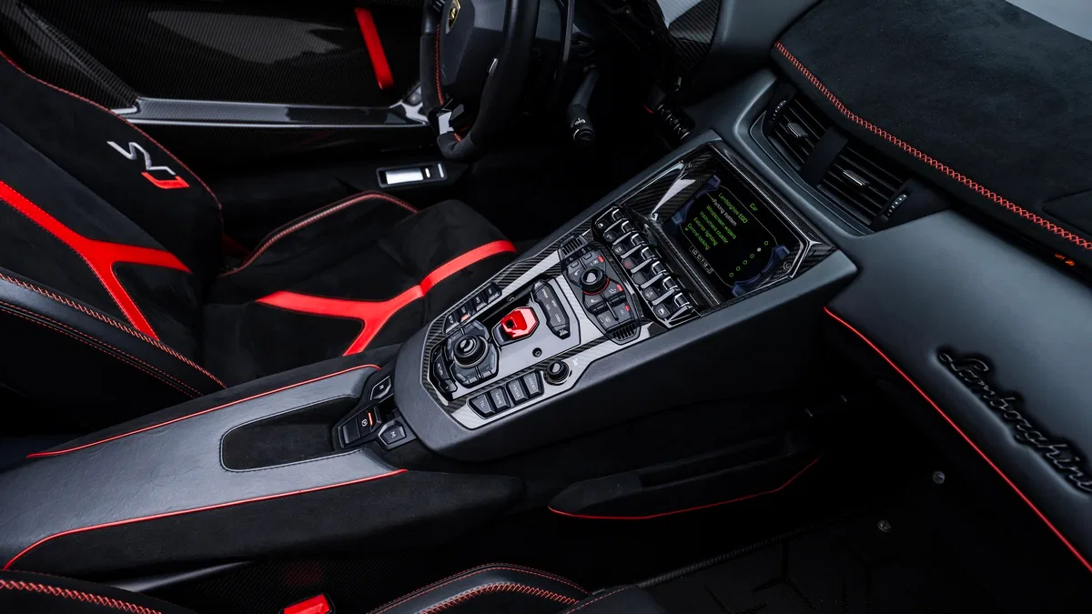 2021 Lamborghini Aventador SVJ Roadster interior, center console, Black & Red