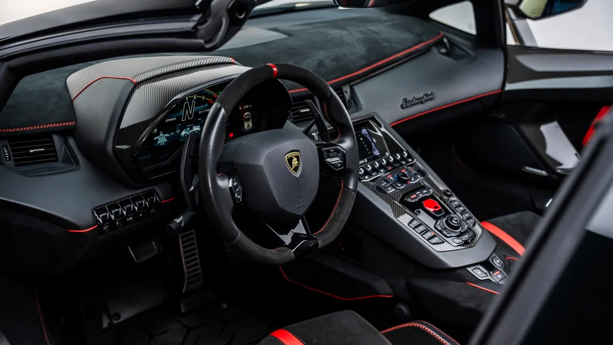2021 Lamborghini Aventador SVJ Roadster interior, Black & Red