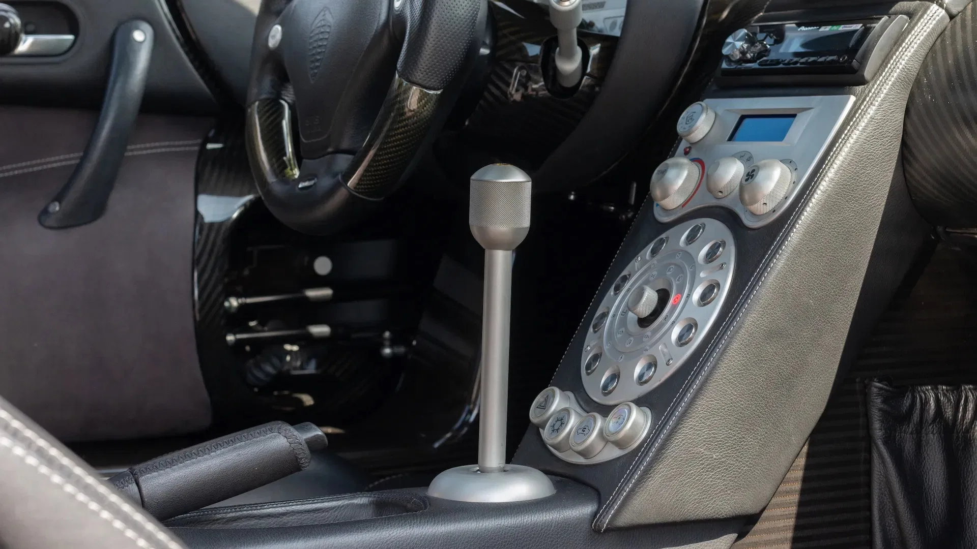 2006 Koenigsegg CCX interior, center console, Black Leather/ Grey Alcantara Interior