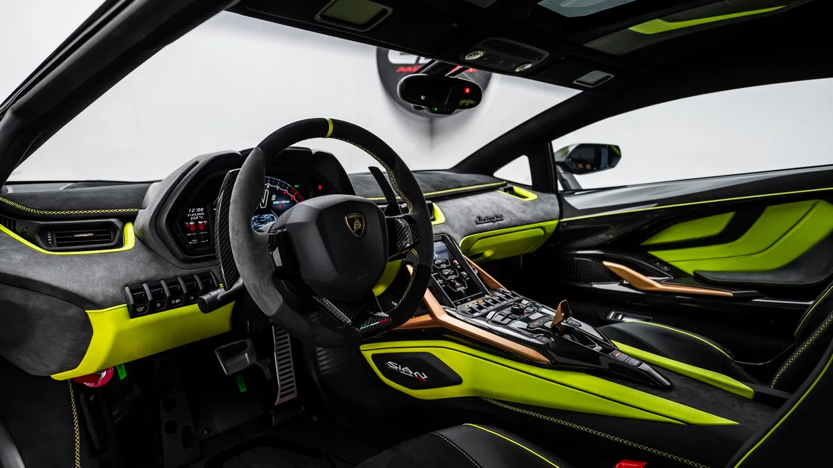 2021 Lamborghini Sián interior, dashboard, Nero Ade | Verde Scandal