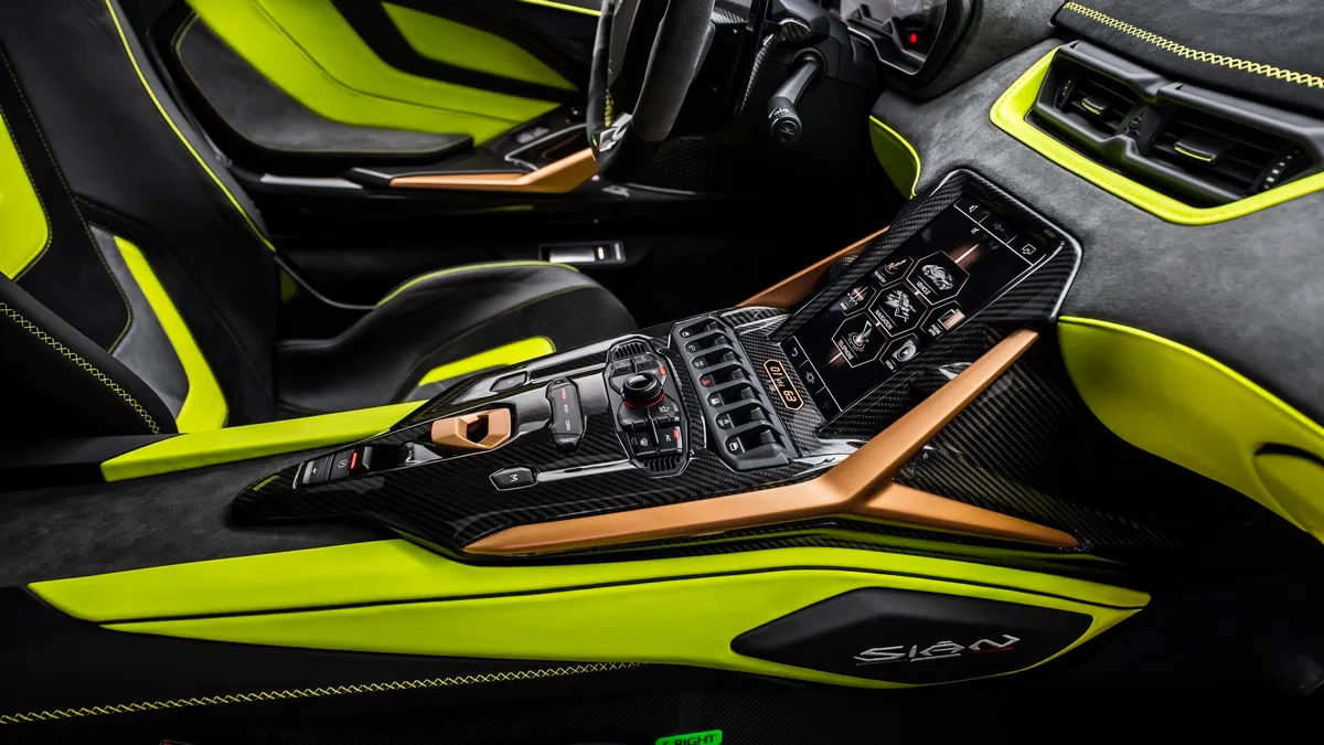 2021 Lamborghini Sián interior, center console, Nero Ade | Verde Scandal