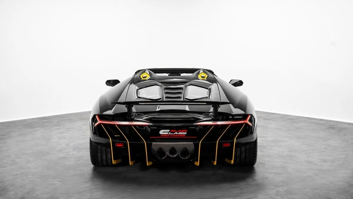 2017 Lamborghini Centenario LP770-4 Roadster, rear three-quarter view, Glossy Carbon Fibre / Yellow