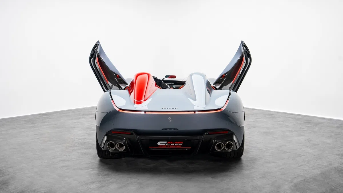 2022 Ferrari Monza SP2, rear three-quarter view, Grigio Titanio / Rosso Corsa livery