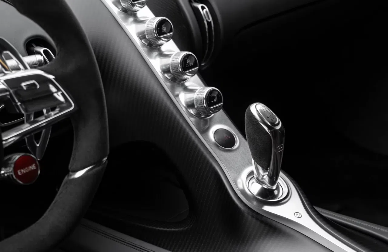 2021 Bugatti Chiron Pur Sport interior, center console, Black finish