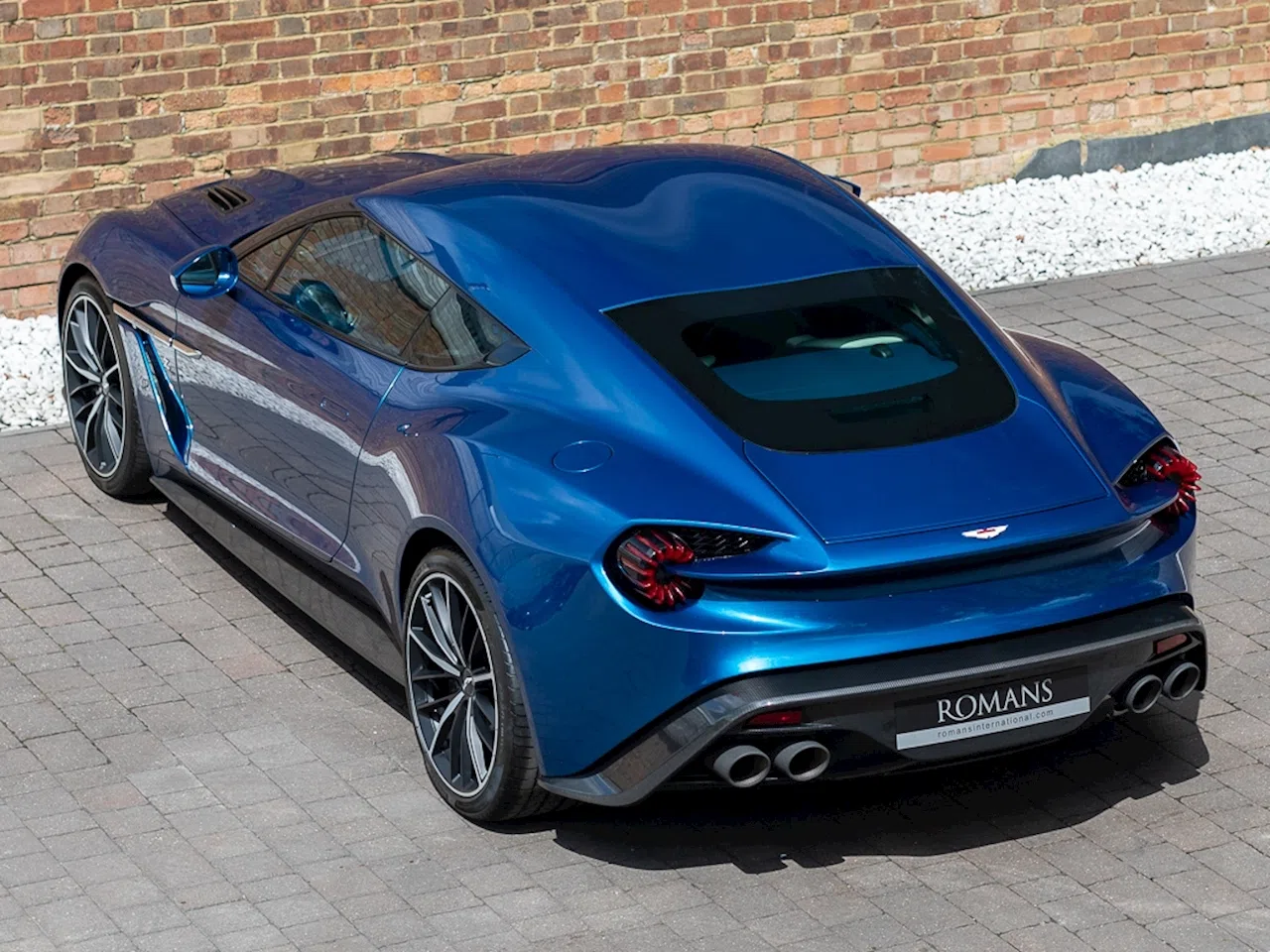 2017 Aston Martin Vanquish Zagato Coupe, rear three-quarter view, Ming Blue