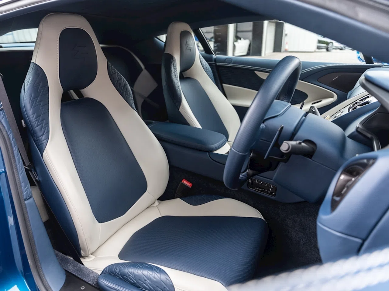 2017 Aston Martin Vanquish Zagato Coupe interior, seats, Ivory/Aurora Blue Leather