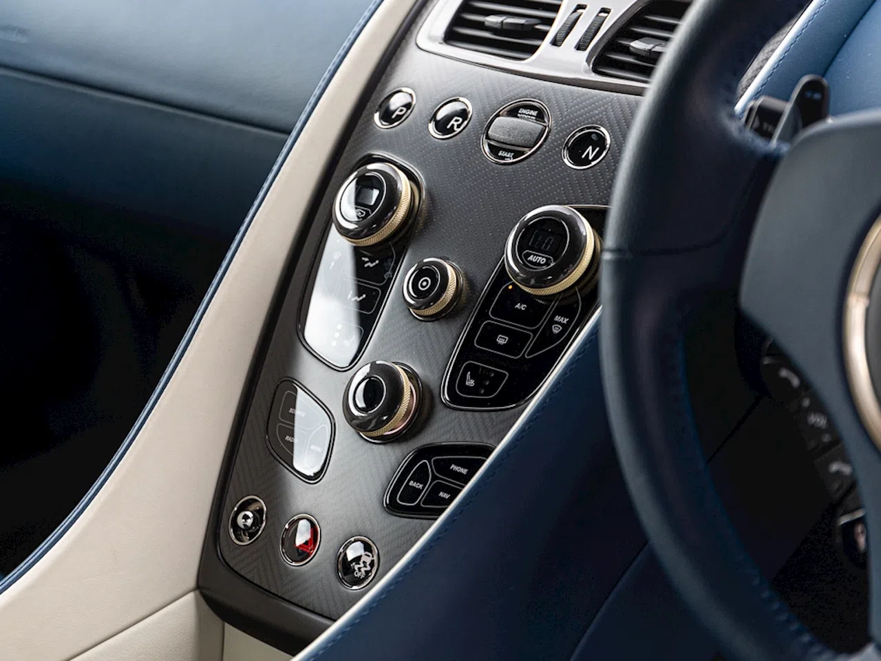 2017 Aston Martin Vanquish Zagato Coupe interior, center console, Ivory/Aurora Blue Leather